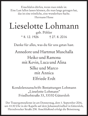 Traueranzeige von Lieselotte Lohmann von Neue Westfälische