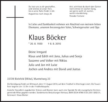 Traueranzeige von Klaus Böcker von Neue Westfälische