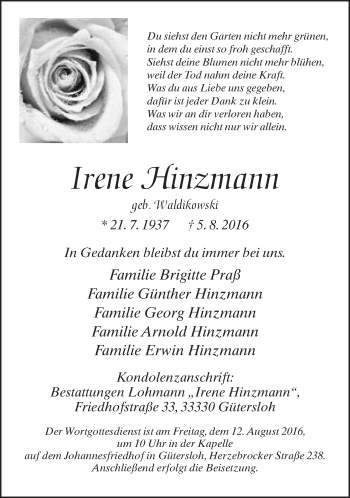 Traueranzeige von Irene Hinzmann von Neue Westfälische