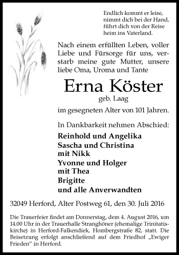 Traueranzeige von Erna Köster von Neue Westfälische