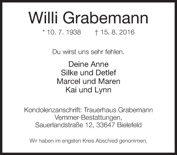 Traueranzeige von Willi Grabemann von Neue Westfälische