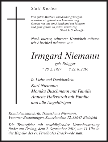 Traueranzeige von Irmgard Niemann von Neue Westfälische