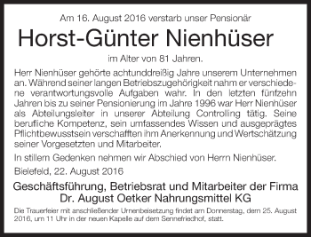 Traueranzeige von Horst-Günter Nienhüser von Neue Westfälische