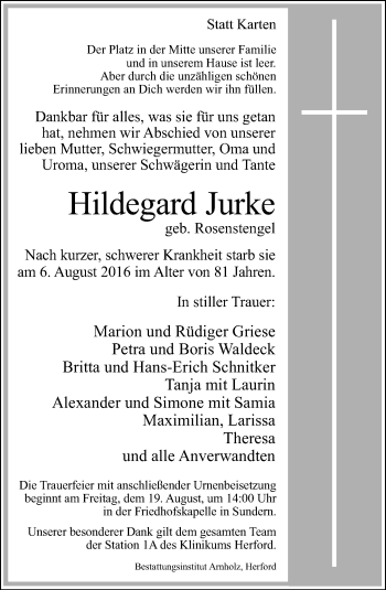 Traueranzeige von Hildegard Jurke von Neue Westfälische