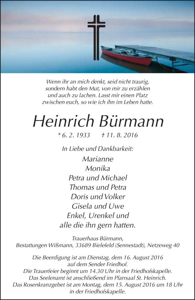  Traueranzeige für Heinrich Bürmann vom 13.08.2016 aus Neue Westfälische