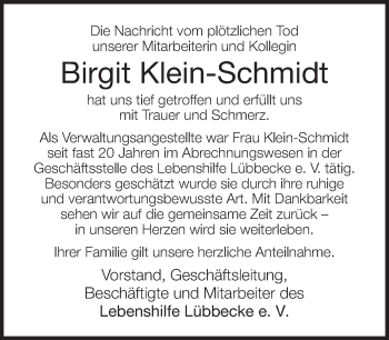 Traueranzeige von Birgit Klein-Schmidt von Neue Westfälische