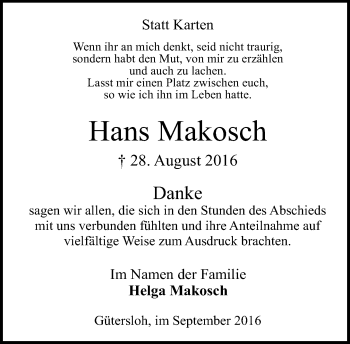 Traueranzeige von Hans Makosch von Neue Westfälische