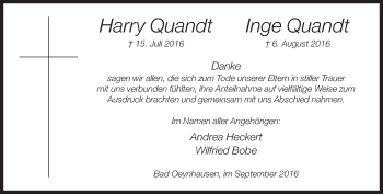 Traueranzeige von Harry und Inge  Quandt