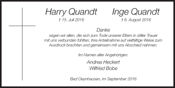 Traueranzeige von Harry und Inge  Quandt von Neue Westfälische