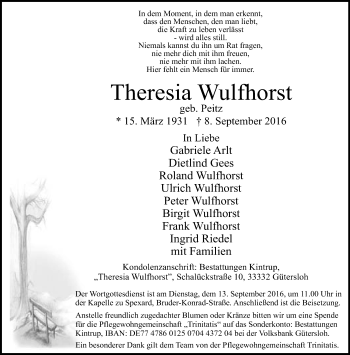 Traueranzeige von Theresia Wulfhorst von Neue Westfälische