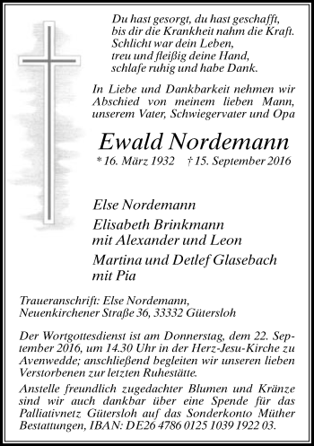 Traueranzeige von Ewald Nordemann von Neue Westfälische