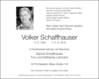 Traueranzeige von Volker Schaffhauser