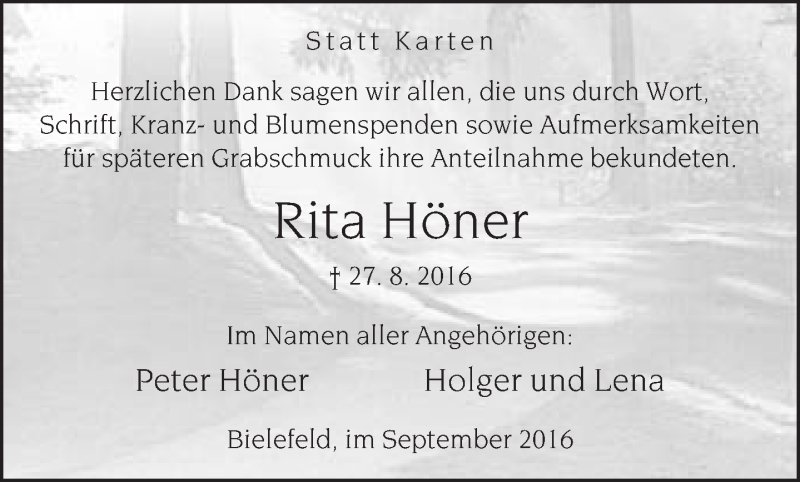  Traueranzeige für Rita Höner vom 24.09.2016 aus Neue Westfälische