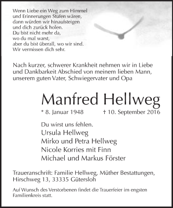 Traueranzeige von Manfred Hellweg von Neue Westfälische