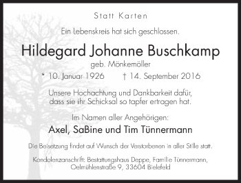 Traueranzeige von Hildegard Johanne Buschkamp von Neue Westfälische