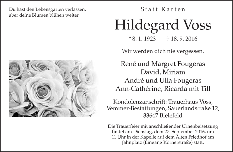  Traueranzeige für Hildegard Voss vom 24.09.2016 aus Neue Westfälische