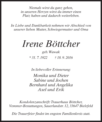Traueranzeige von Irene Böttcher von Neue Westfälische
