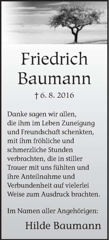 Traueranzeige von Friedrich Baumann