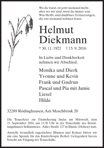 Traueranzeige von Helmut Diekmann von Neue Westfälische