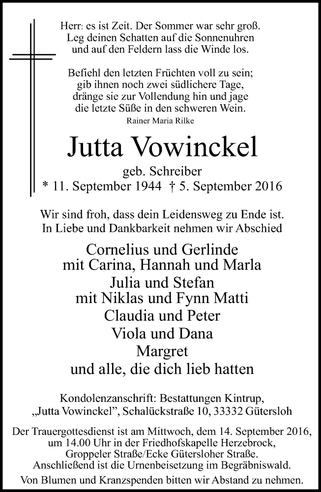  Traueranzeige für Jutta Vowinckel vom 07.09.2016 aus Neue Westfälische