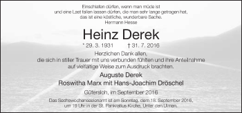 Traueranzeige von Heinz Derek von Neue Westfälische