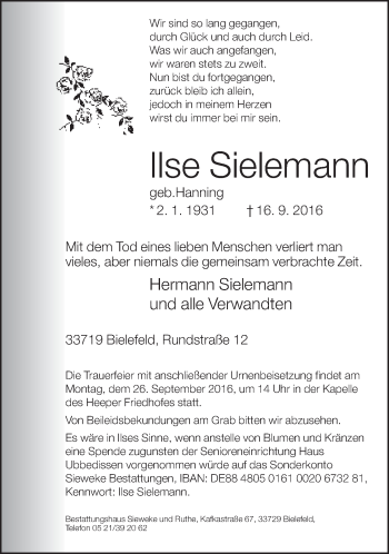 Traueranzeige von Ilse Sielemann