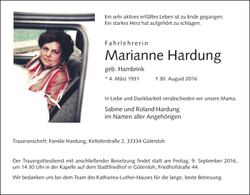 Traueranzeige von Marianne Hardung von Neue Westfälische