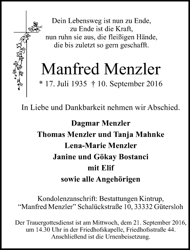  Traueranzeige für Manfred Menzler vom 14.09.2016 aus Neue Westfälische