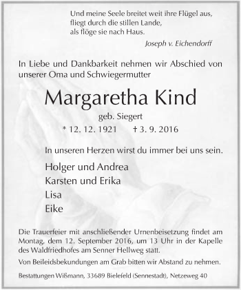 Traueranzeige von Margaretha Kind von Neue Westfälische