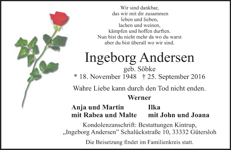  Traueranzeige für Ingeborg Andersen vom 28.09.2016 aus Neue Westfälische