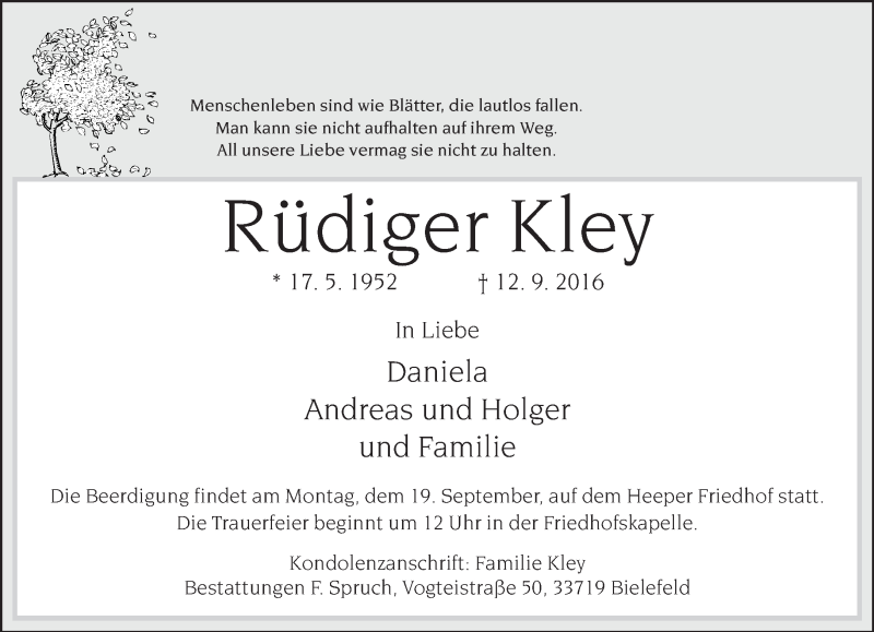  Traueranzeige für Rüdiger Kley vom 15.09.2016 aus Neue Westfälische