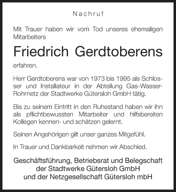 Traueranzeige von Friedrich Gerdtoberens von Neue Westfälische