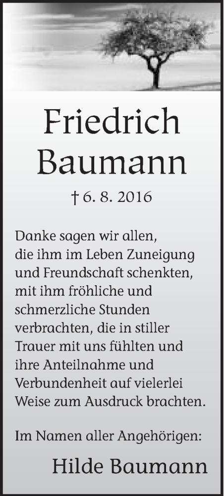  Traueranzeige für Friedrich Baumann vom 10.09.2016 aus Neue Westfälische