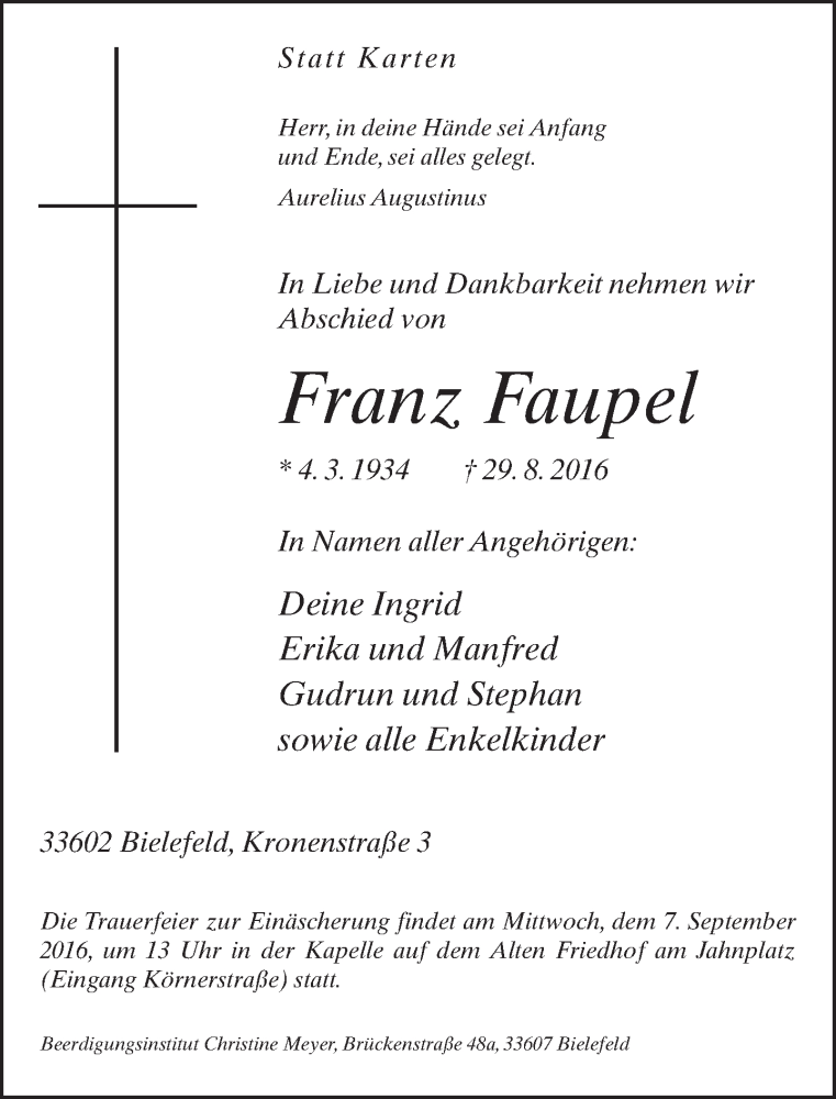  Traueranzeige für Franz Faupel vom 01.09.2016 aus Neue Westfälische