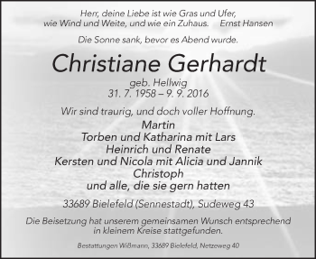 Traueranzeige von Christiane Gerhardt von Neue Westfälische