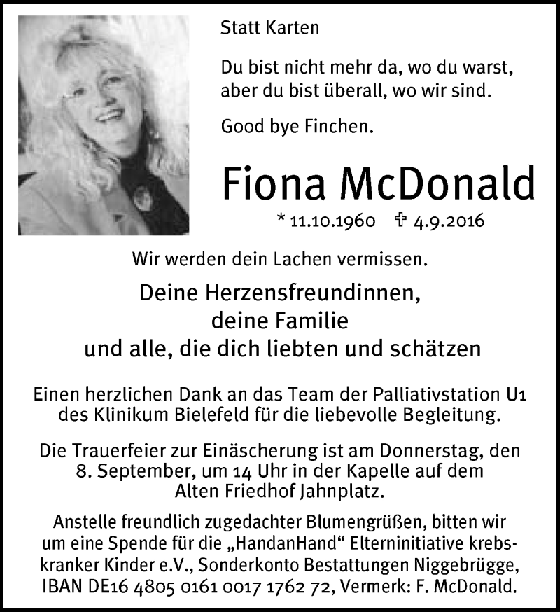  Traueranzeige für Fiona McDonald vom 07.09.2016 aus Neue Westfälische