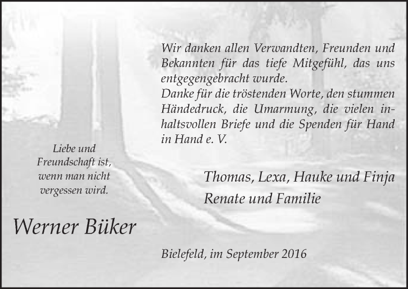  Traueranzeige für Werner Büker vom 17.09.2016 aus Neue Westfälische
