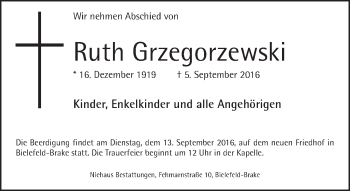Traueranzeige von Ruth Grzegorzewski von Neue Westfälische