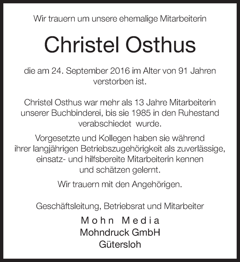 Traueranzeige für Christel Osthus vom 28.09.2016 aus Neue Westfälische