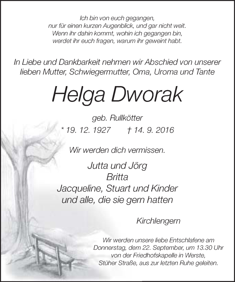  Traueranzeige für Helga Dworak vom 17.09.2016 aus Neue Westfälische
