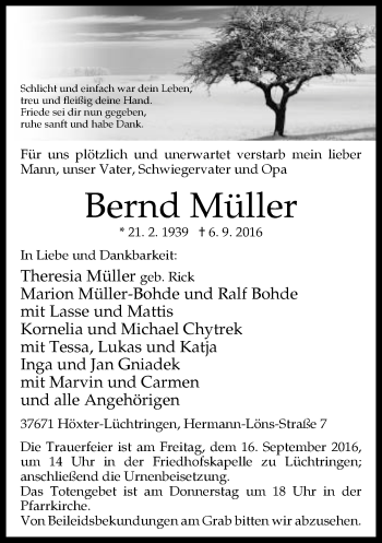Traueranzeige von Bernd Müller von Neue Westfälische