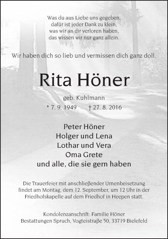  Traueranzeige für Rita Höner vom 03.09.2016 aus Neue Westfälische