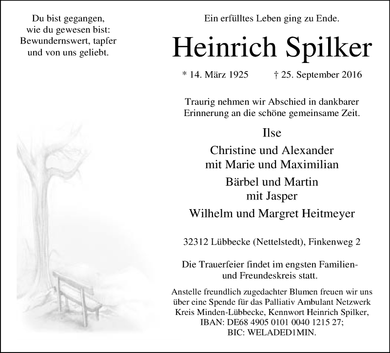  Traueranzeige für Heinrich Spilker vom 29.09.2016 aus Neue Westfälische
