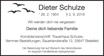 Traueranzeige von Dieter Schulze von Neue Westfälische