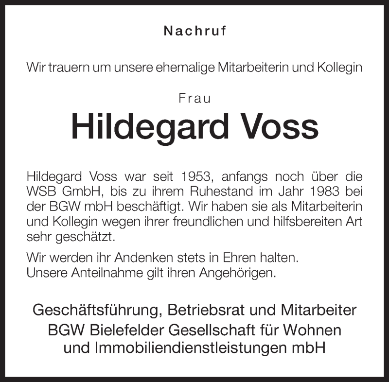  Traueranzeige für Hildegard Voss vom 27.09.2016 aus Neue Westfälische