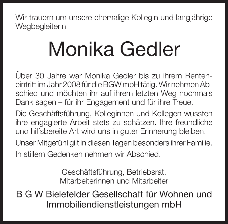  Traueranzeige für Monika Gedler vom 01.09.2016 aus Neue Westfälische