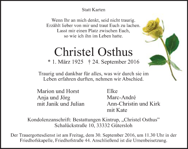  Traueranzeige für Christel Osthus vom 27.09.2016 aus Neue Westfälische