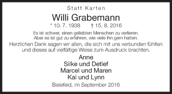 Traueranzeige von Willi Grabemann von Neue Westfälische