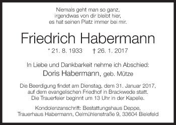 Traueranzeige von Friedrich Habermann von Neue Westfälische