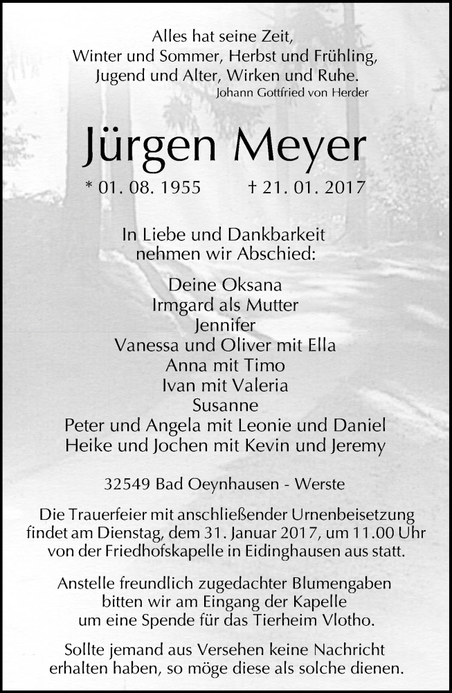  Traueranzeige für Jürgen Meyer vom 24.01.2017 aus Neue Westfälische